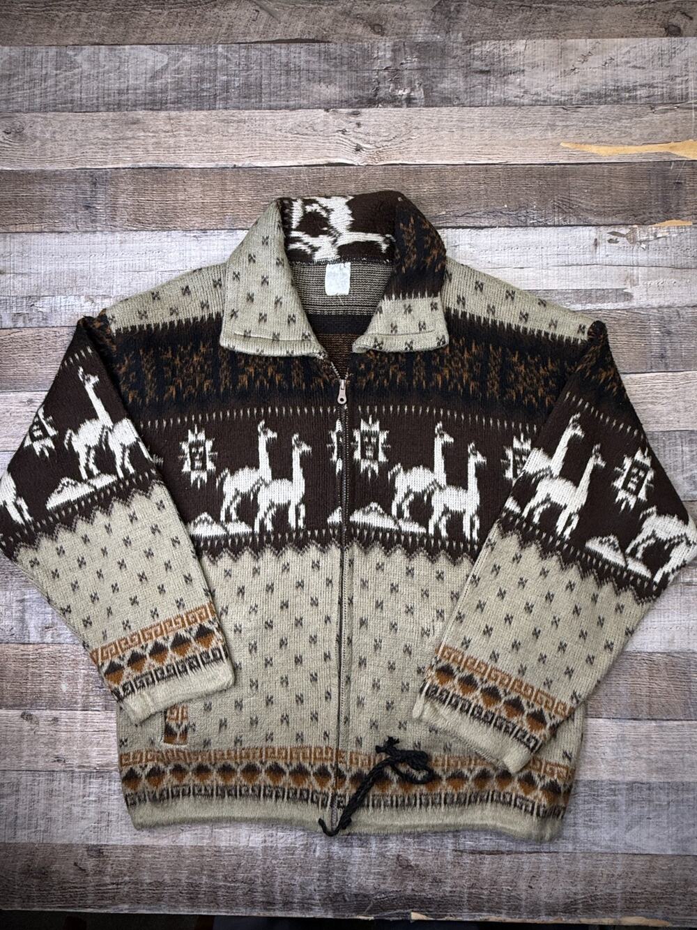Vintage Peru Wool Knit Sweater Men L Full Zip Tribal Alpaca Western Wear Brown